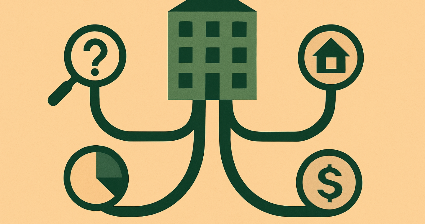 Ilustração de três modelos de investimento imobiliário a partir de um edifício