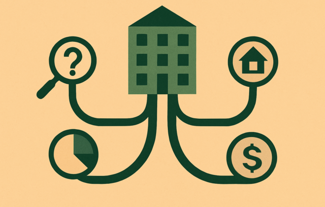 Ilustração de três modelos de investimento imobiliário a partir de um edifício
