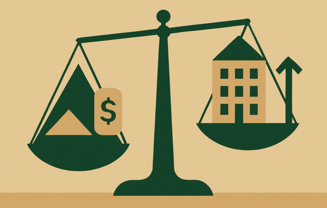 Ilustração de uma balança a pesar risco e fiscalidade num investimento imobiliário